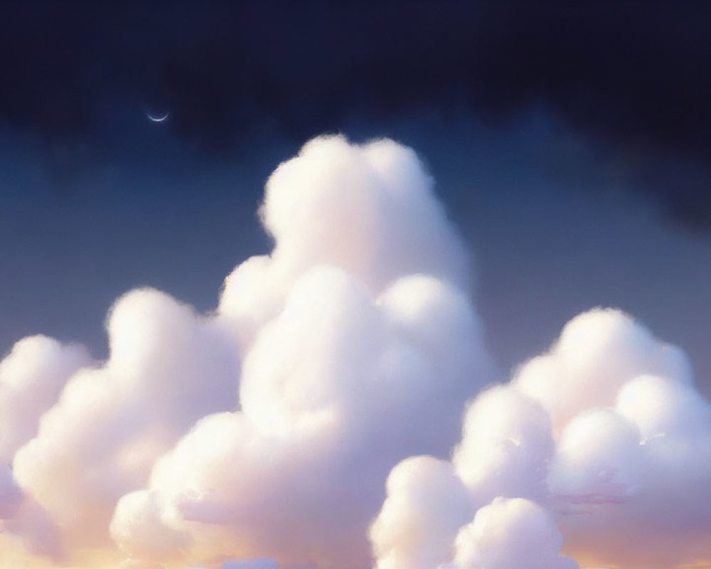 Sunlit Cumulus Cloud in Twilight Sky with Crescent Moon