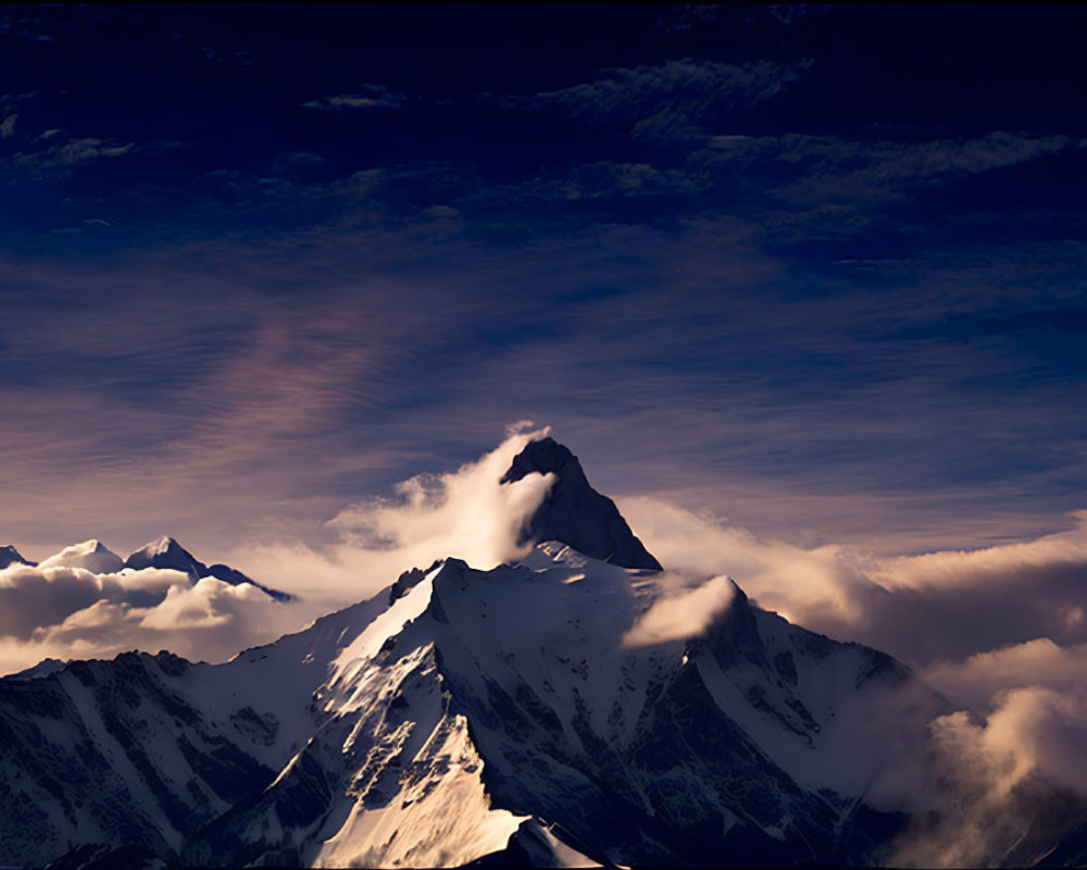 Snow-capped mountain peak in twilight sky with clouds