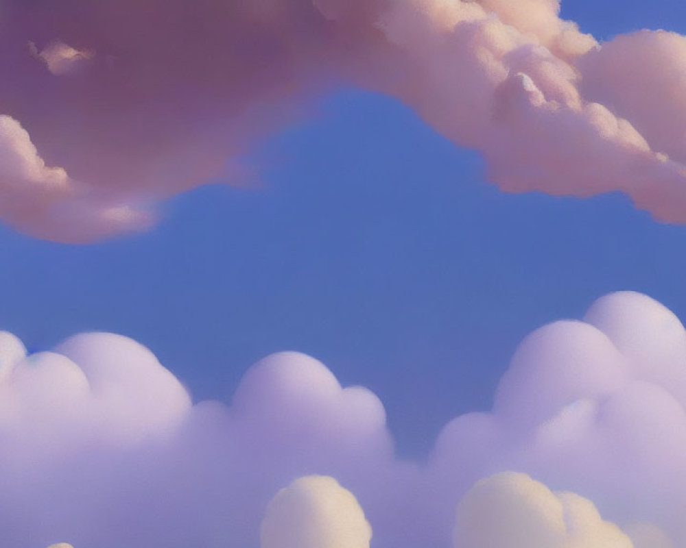 White fluffy clouds in serene blue sky with pink edges