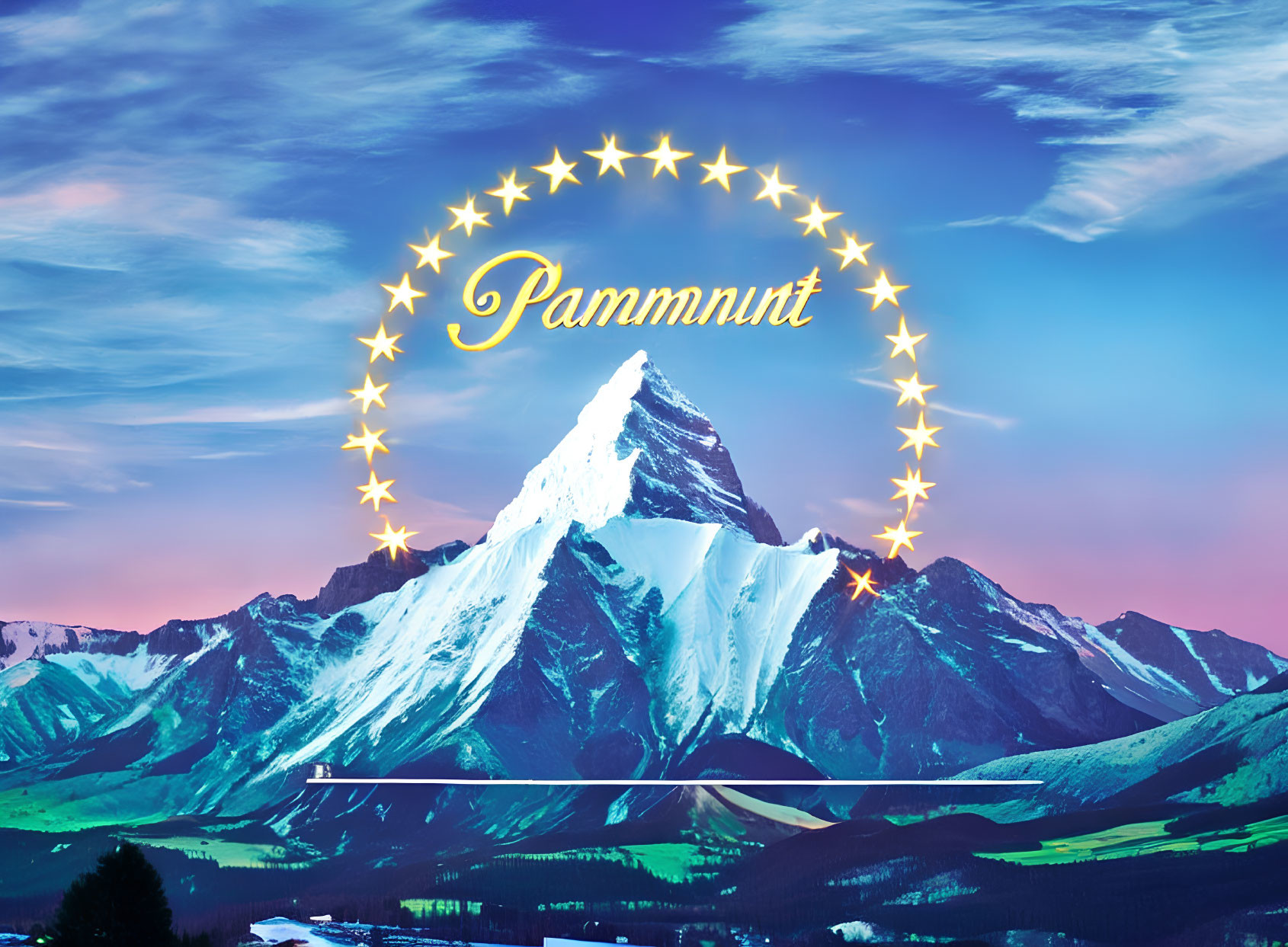 Snow-capped mountain with golden stars and 'Panmmit' inscription