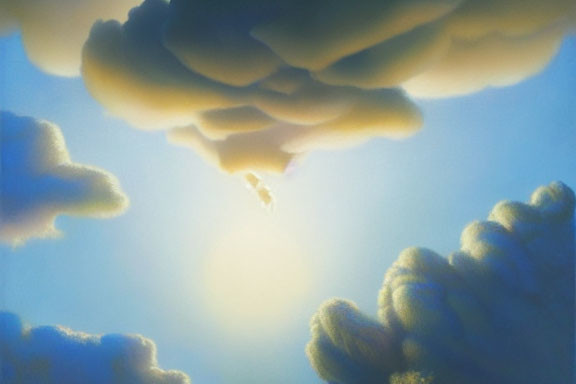 Dramatic fluffy cumulus clouds under sunlight on a soft blue sky