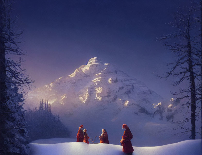 Three robed figures in snowy terrain with looming snow-covered mountain.