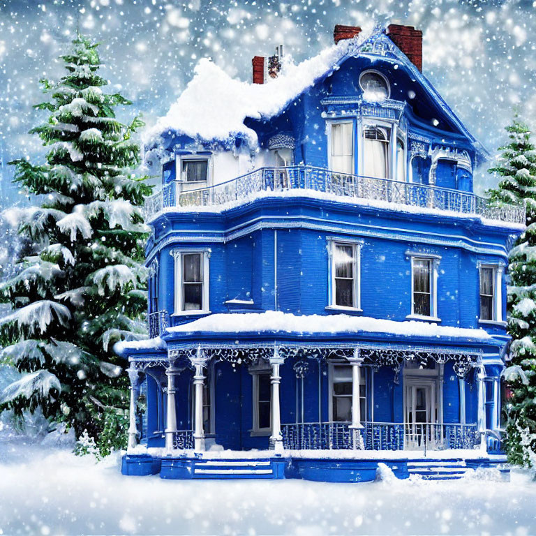 Victorian house in snow-covered winter scene