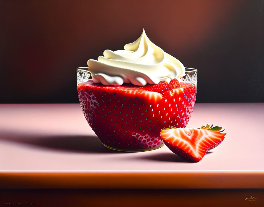 Hyper-realistic painting of cut strawberry bowl with cream on amber surface