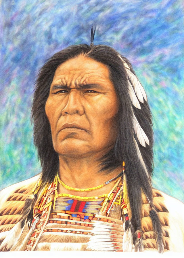 Native American man in traditional attire with stern expression on colorful backdrop