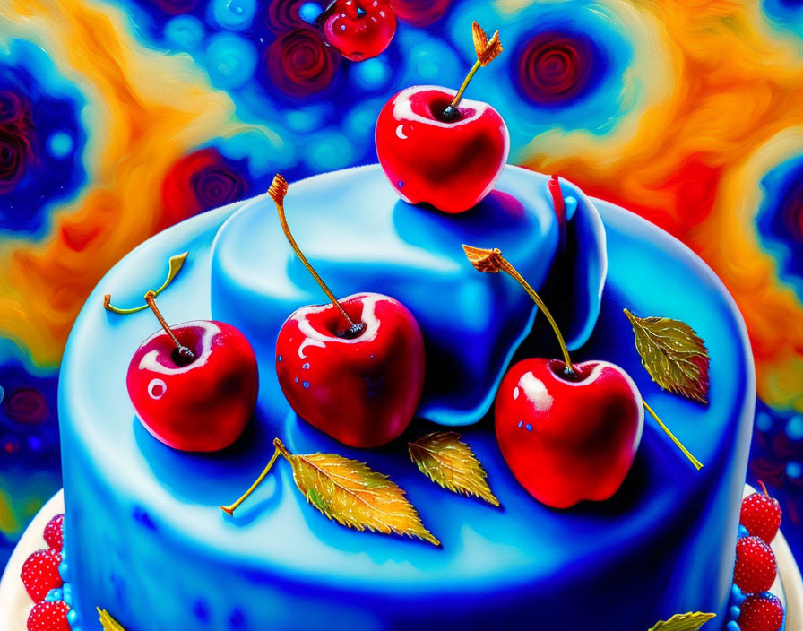 Colorful digital art: Cherries on surreal blue cake surrounded by swirling patterns