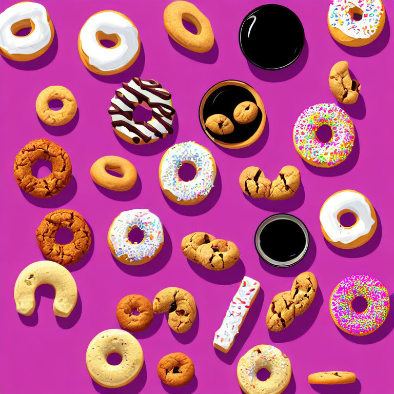 Assorted donuts and cookies on pink background with coffee cups