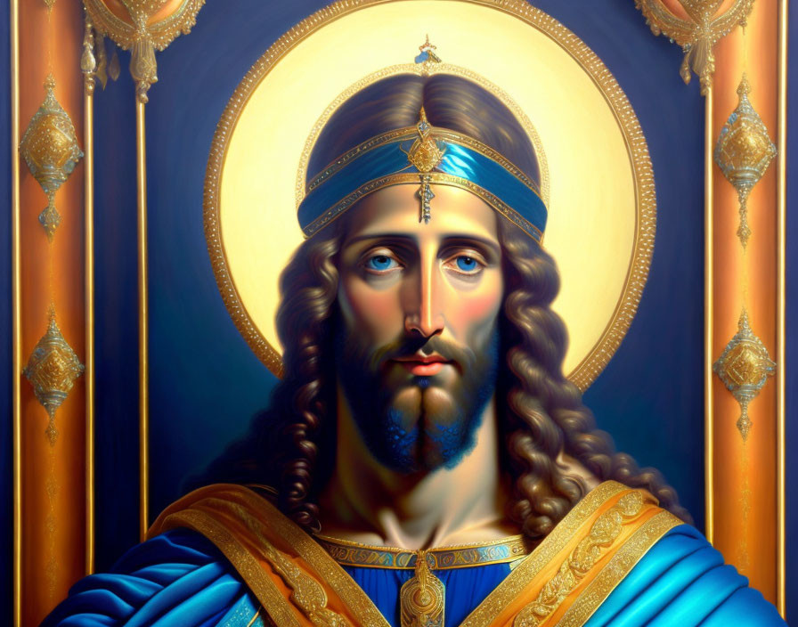 Stylized portrait of figure with long hair, beard, blue & gold robe, ornate halo