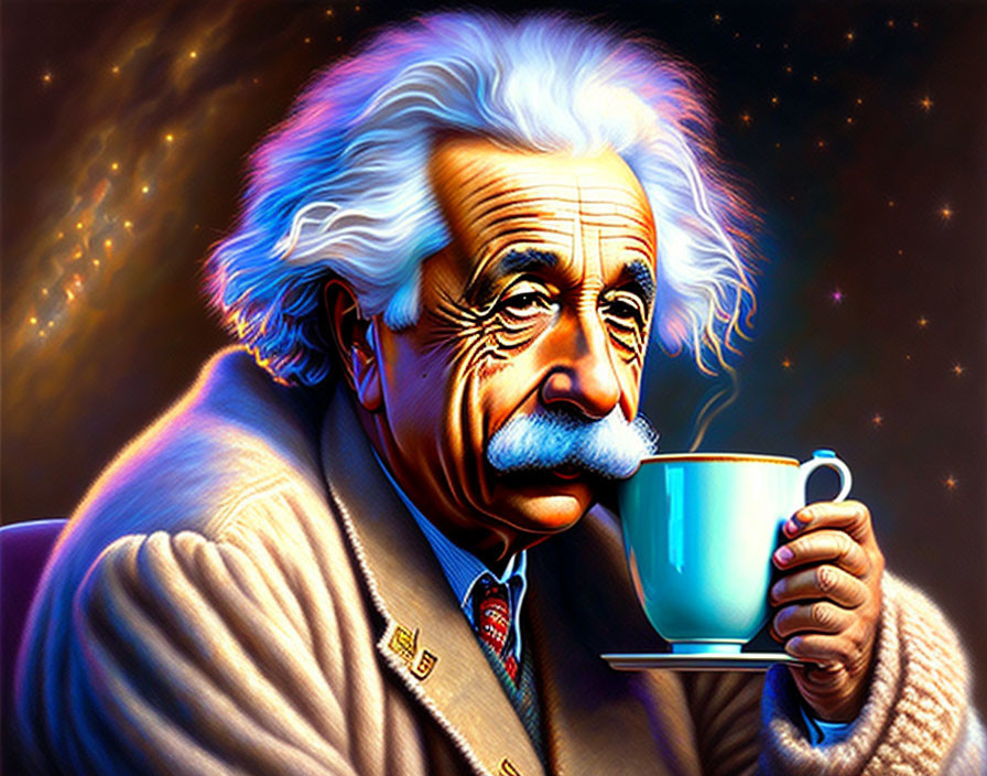 Elderly Man with White Hair and Teacup in Cosmic Setting