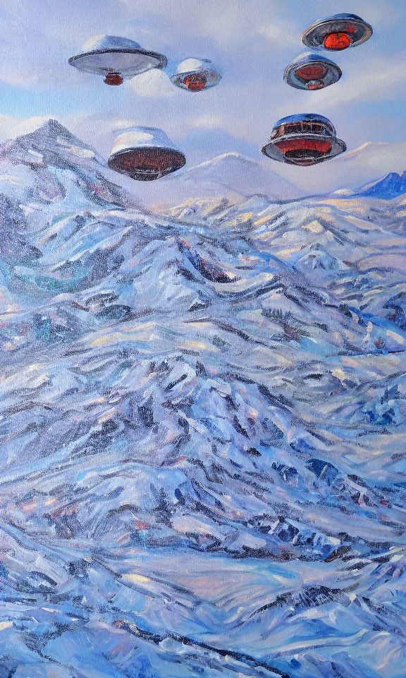 Snowy Mountain Landscape with Four UFOs in Clear Blue Sky