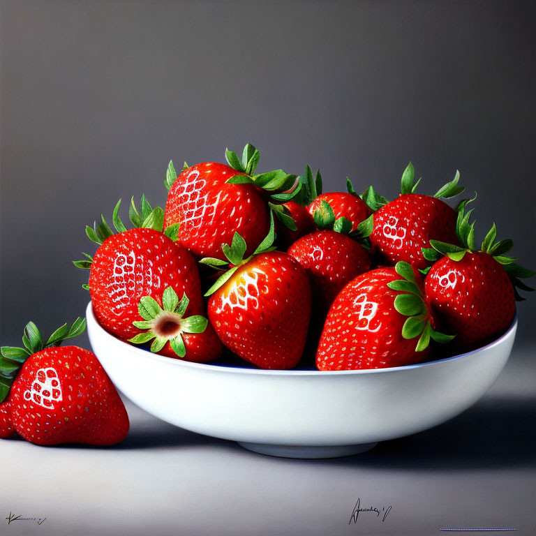 Fresh ripe strawberries in a bowl on grey background