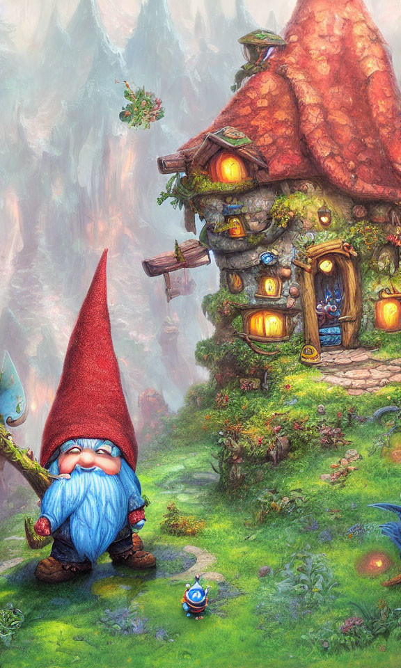 Fantasy gnome with blue hat and beard at mushroom house