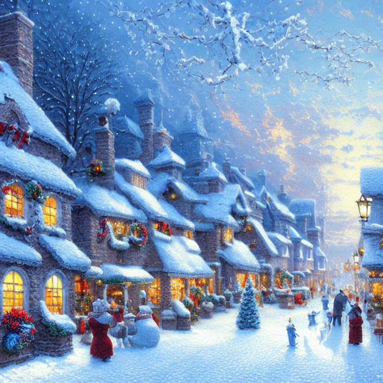 Snow-covered Christmas village with glowing streetlamps