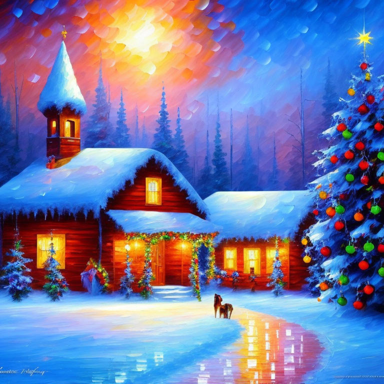 Winter scene with log cabin, Christmas tree, couple, and starlit sky.