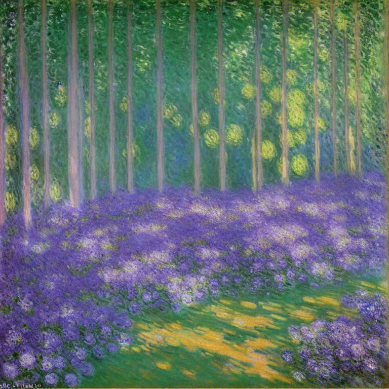 Impressionist painting of purple flowerbed under tall trees