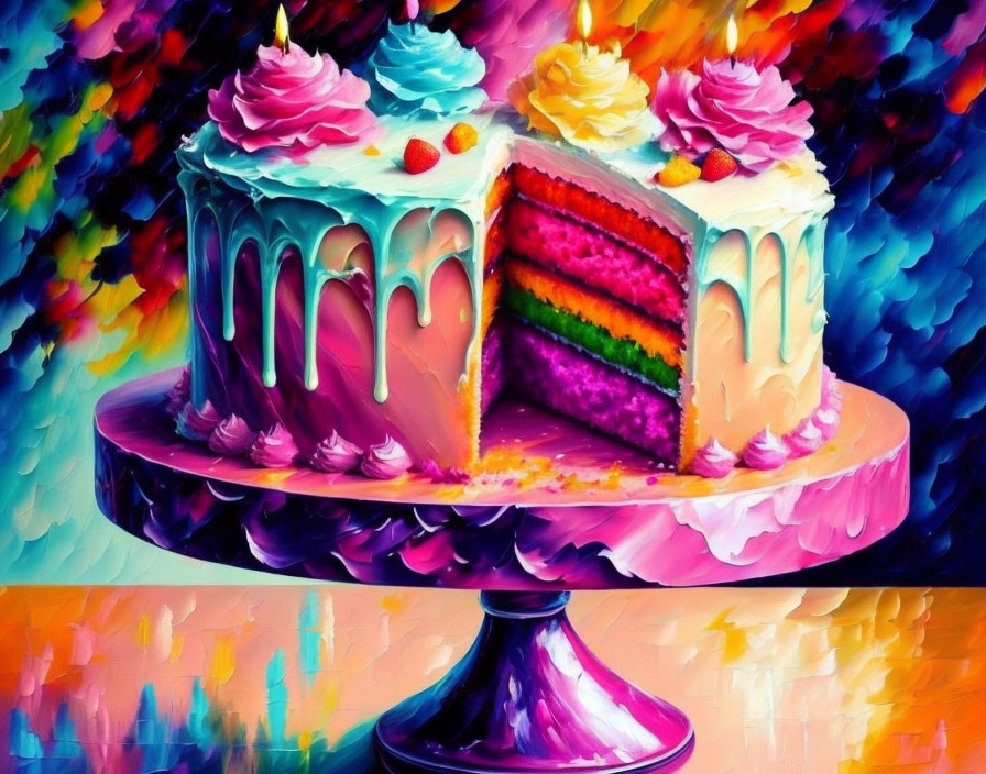 Colorful Rainbow Cake with Pink Icing and Strawberries on Abstract Background