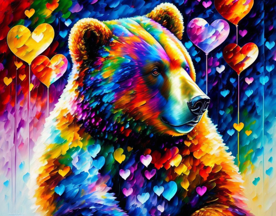 Colorful Bear Painting with Heart Balloons on Rainbow Background