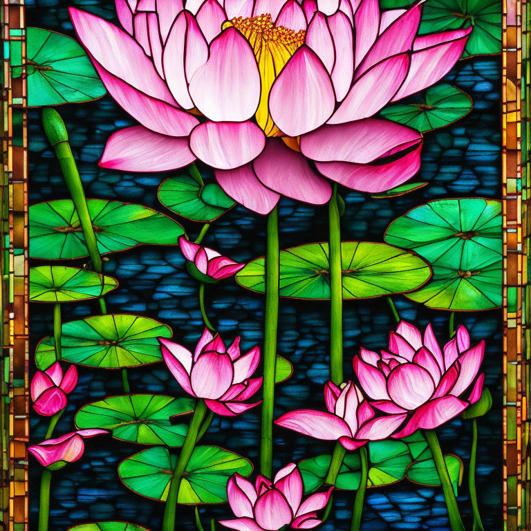 Colorful Stained Glass Artwork: Pink Lotus Flowers, Green Lily Pads, Blue Water