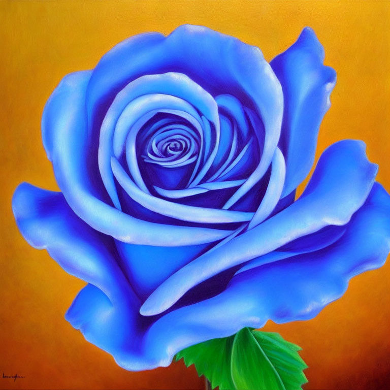 Large Blue Rose Painting on Warm Yellow-Orange Background