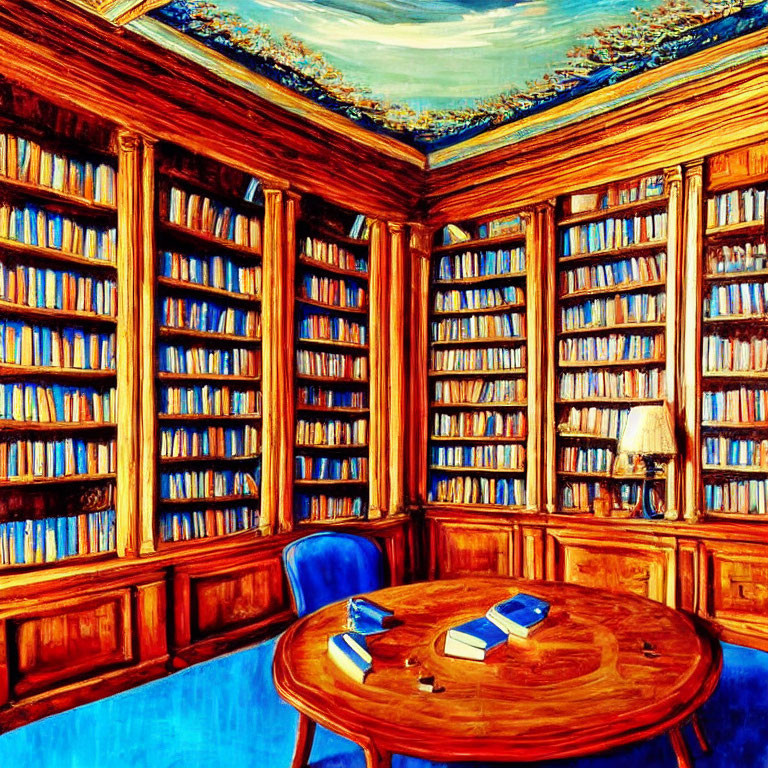 Colorful painting of a cozy library room with books, round table, lamp, and painted ceiling