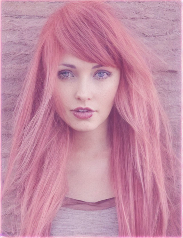 Woman with Pink Hair and Blue Eyes Against Pink Brick Wall