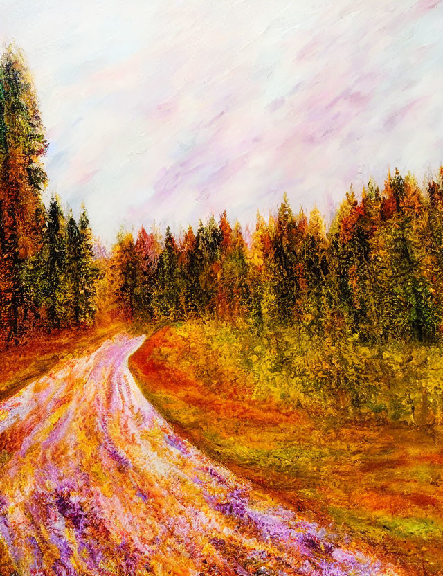 Autumn forest painting with vibrant colors and pastel sky