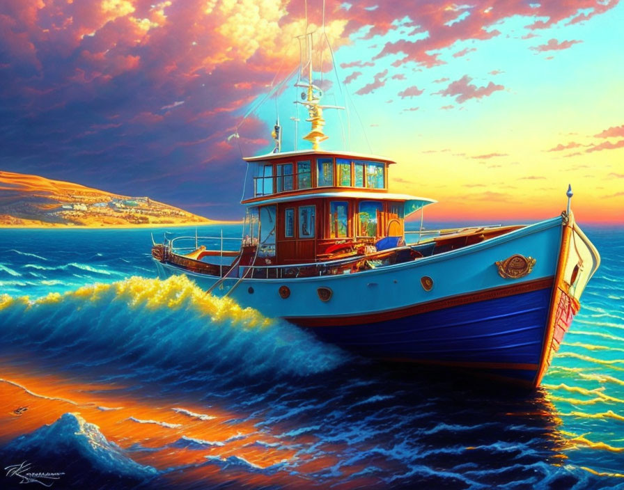 Colorful painting of blue and white boat on wavy seas at sunset