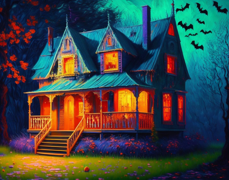 Vivid haunted house painting with warm light in spooky forest