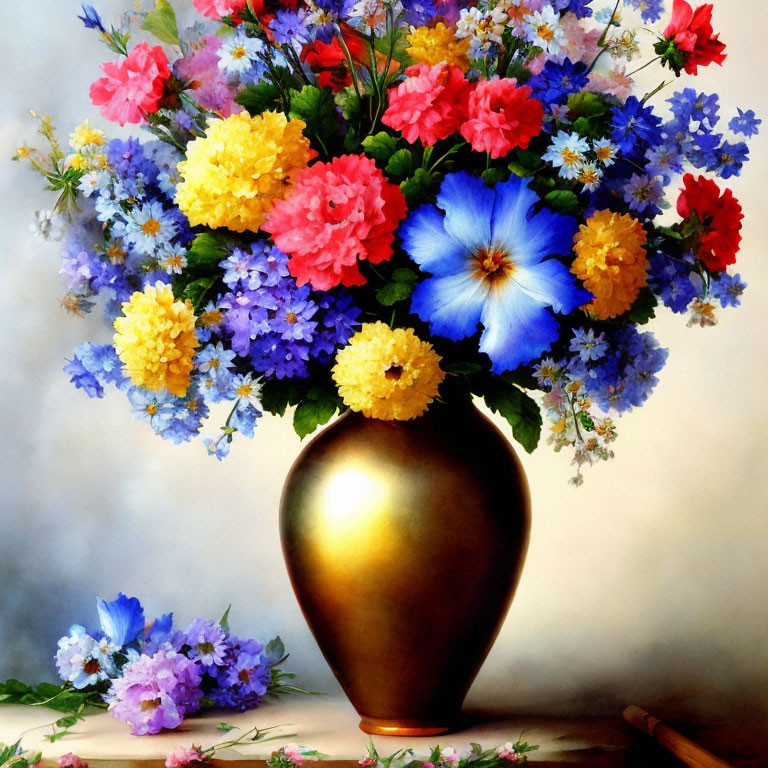 Colorful Flower Bouquet in Golden Vase on Softly Lit Background