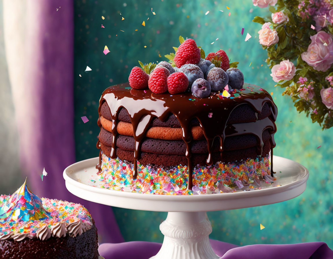 Decadent Layered Chocolate Cake with Ganache, Berries & Sprinkles