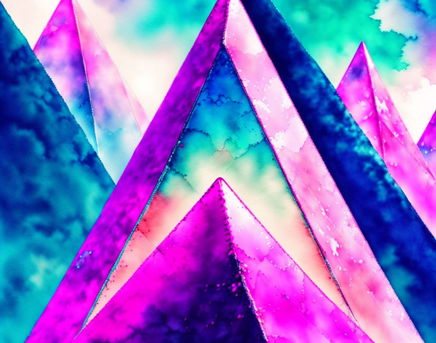 Colorful geometric triangles in pink, purple, and blue with dreamy watercolor texture