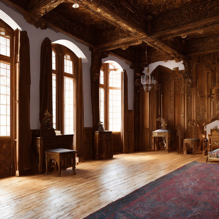 Luxurious Room with Wood-Paneled Walls, Chandelier, and Persian Rug