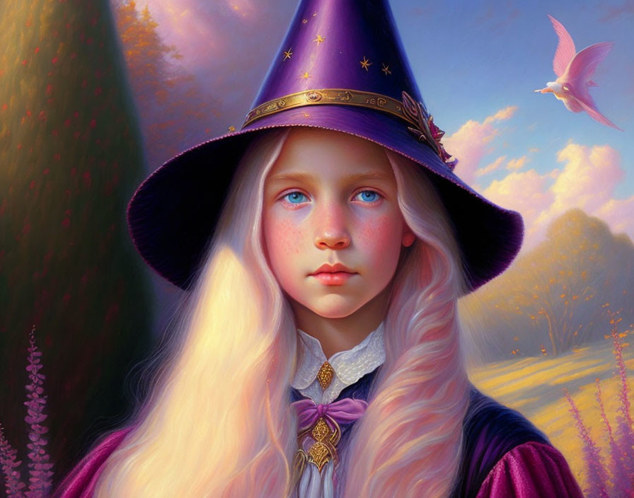 Young girl with blue eyes in purple wizard hat with bird in magical setting