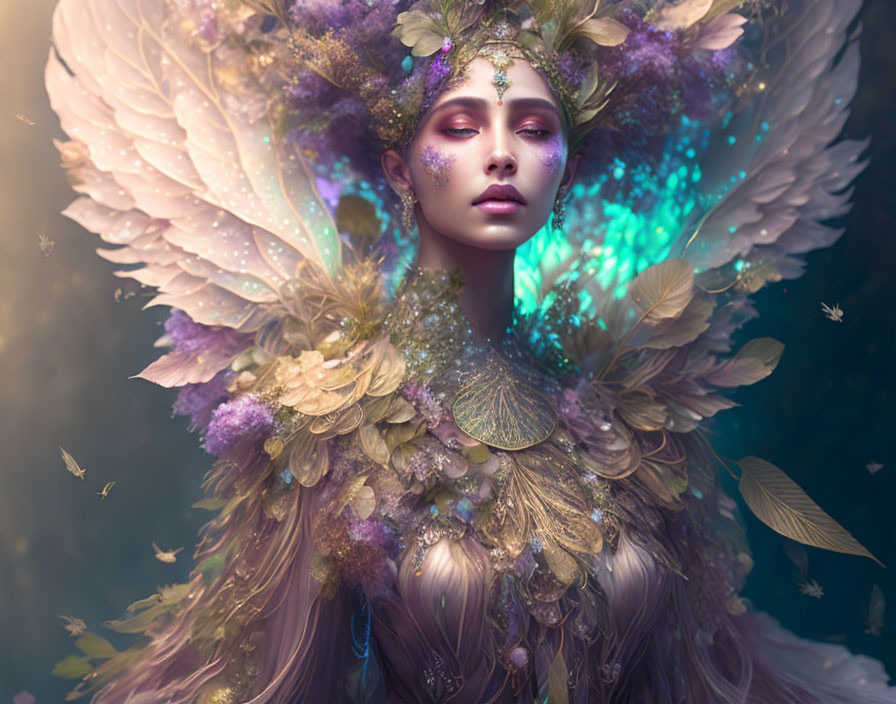 Mystical figure with radiant wings in golden and purple blooms