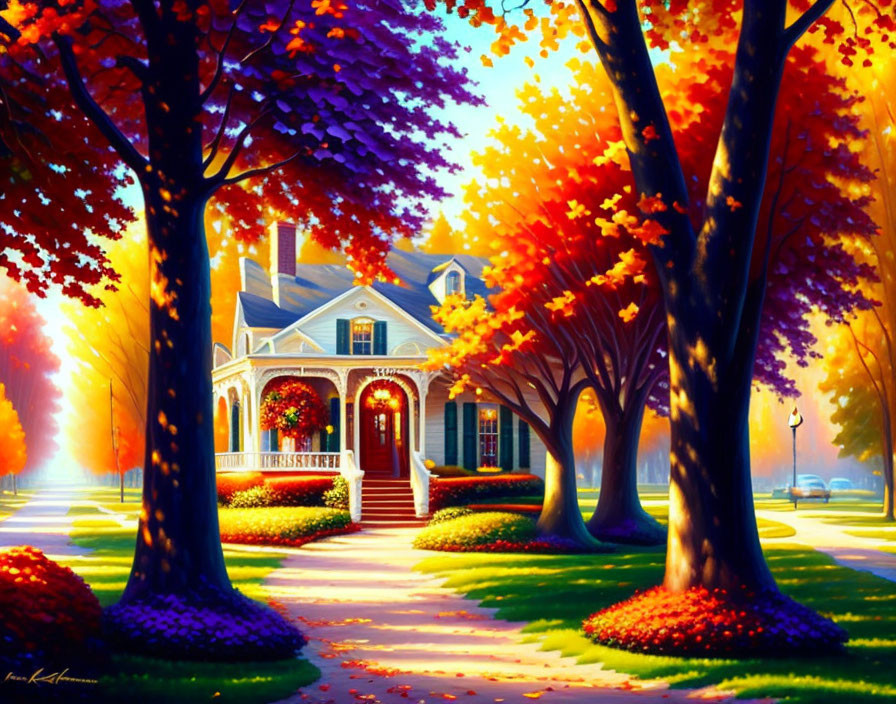 Charming house with red roof and white picket fence amid colorful autumn trees