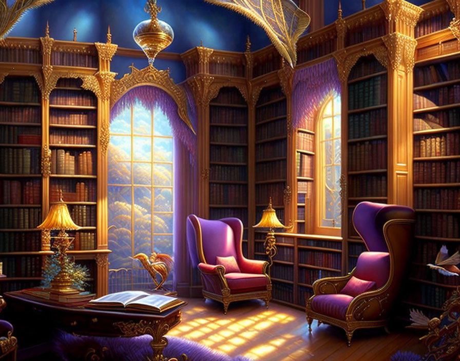 Majestic library with towering bookshelves and purple chairs