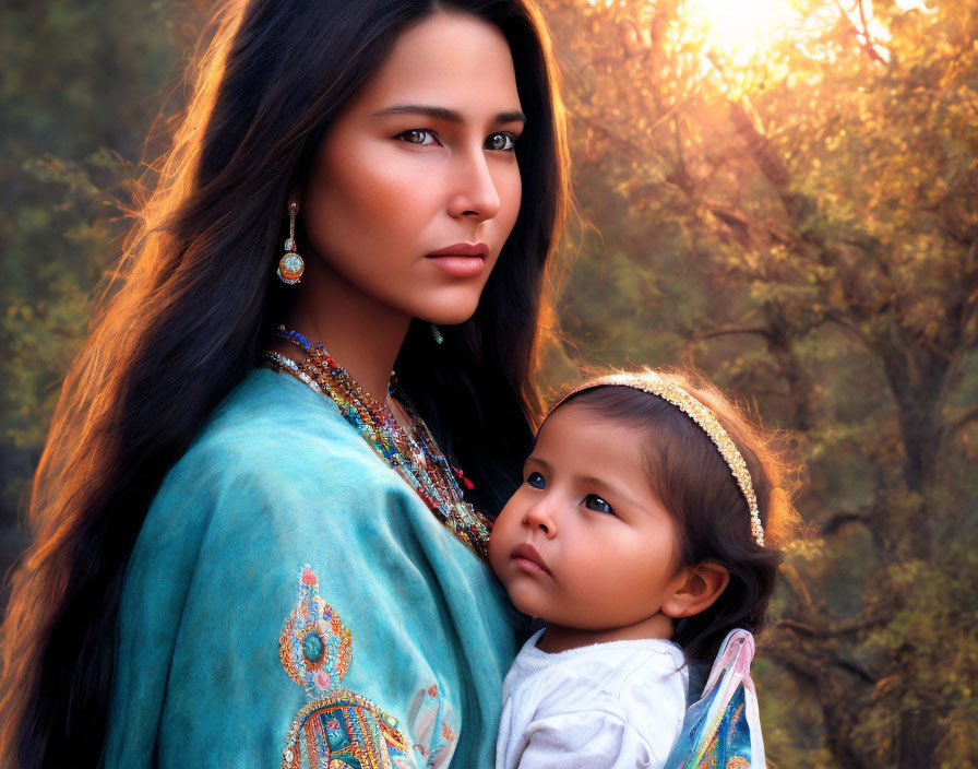 Woman in Teal Embroidered Dress with Young Child in Autumnal Setting