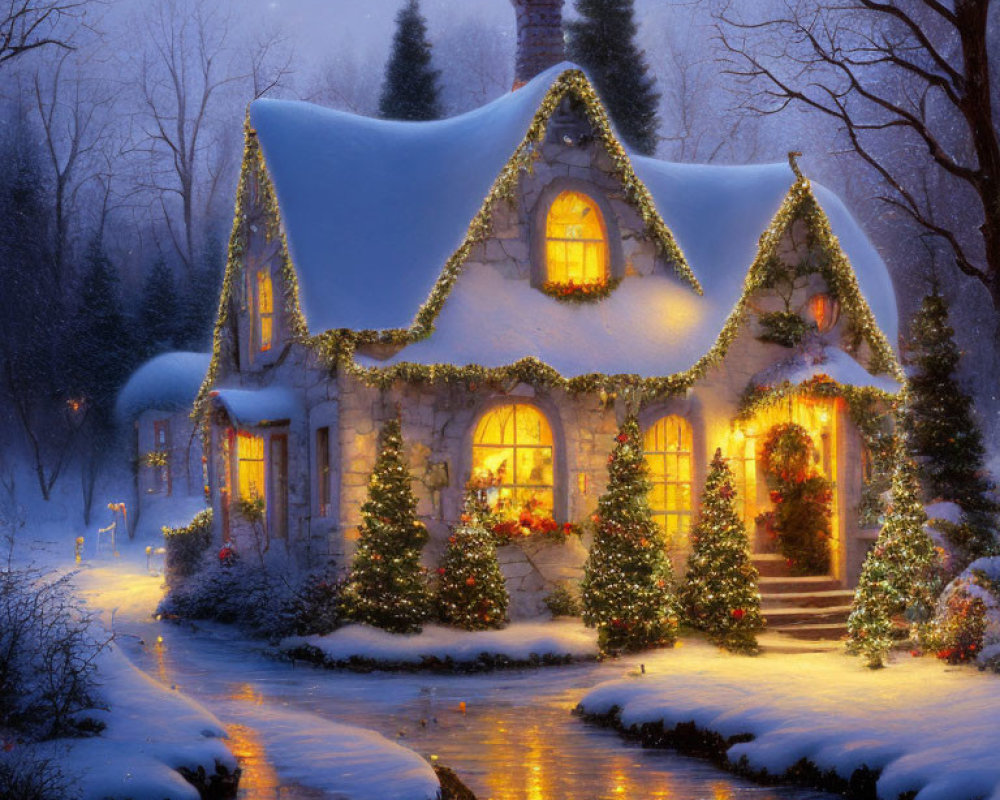 Snow-covered Christmas cottage in serene winter evening scene