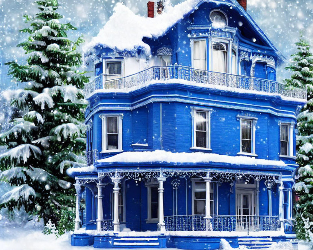 Victorian house in snow-covered winter scene