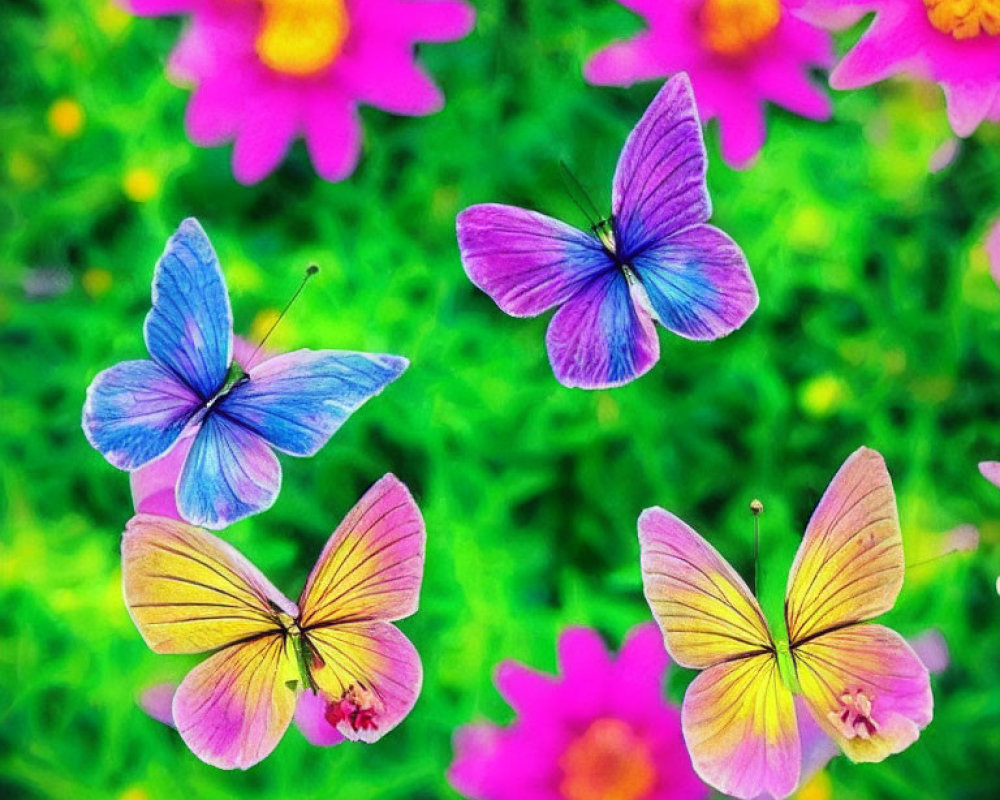 Colorful butterflies on pink floral background.