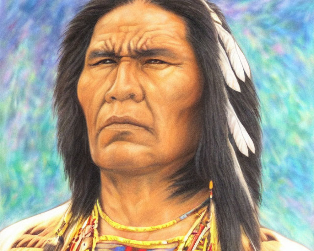 Native American man in traditional attire with stern expression on colorful backdrop