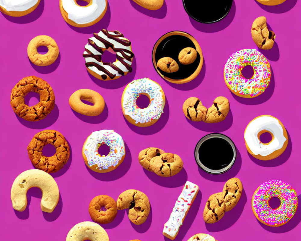 Assorted donuts and cookies on pink background with coffee cups