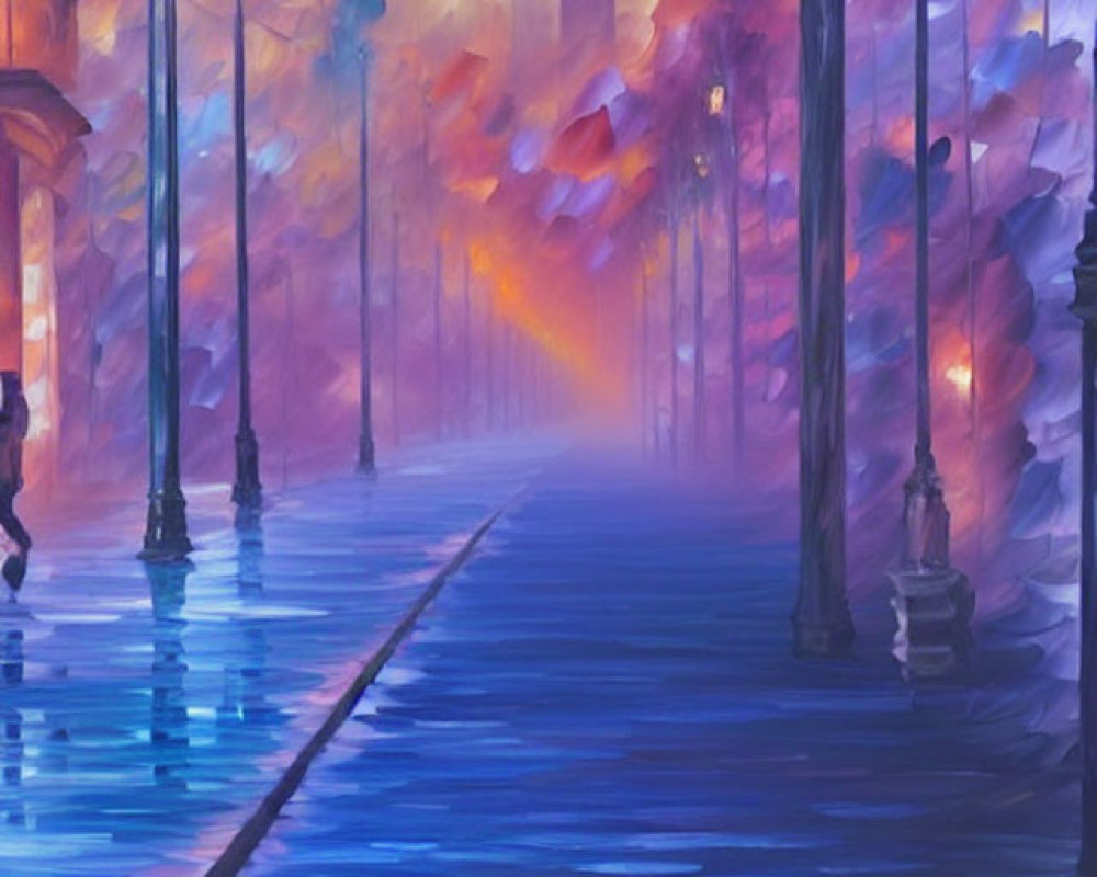 Colorful painting of wet street with street lamps, autumn foliage, and city silhouette