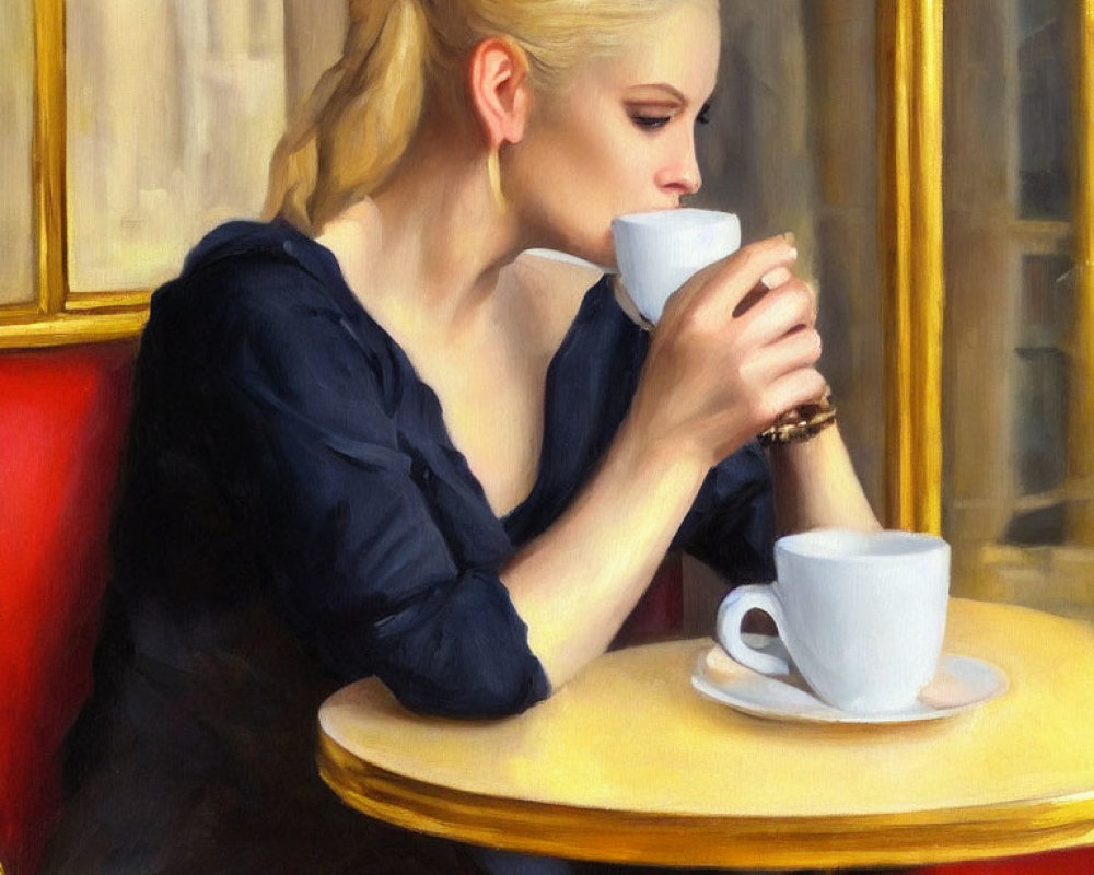 Woman in Black Dress Enjoying Coffee at Cafe Table