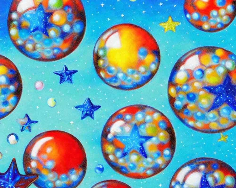 Vibrant painting of translucent spheres and stars on blue background