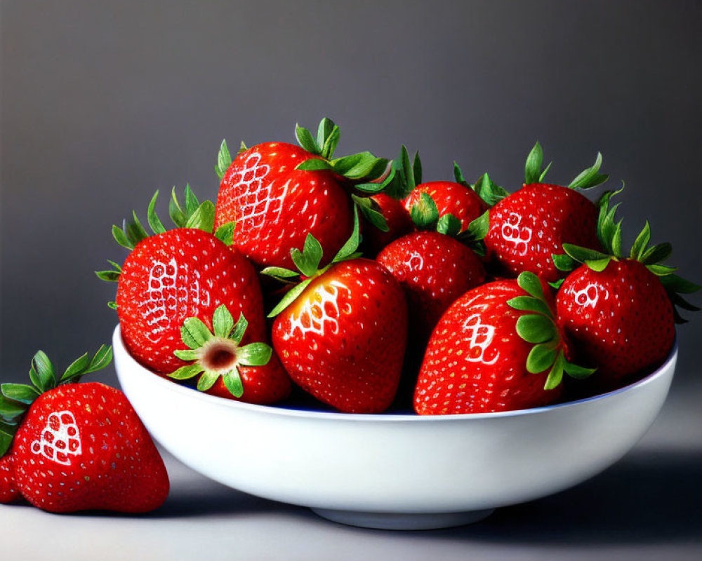 Fresh ripe strawberries in a bowl on grey background