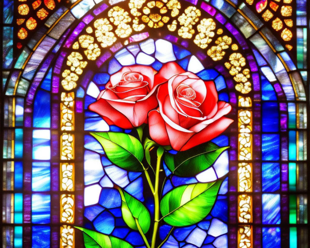 Colorful Stained Glass Window Featuring Red Roses and Intricate Patterns