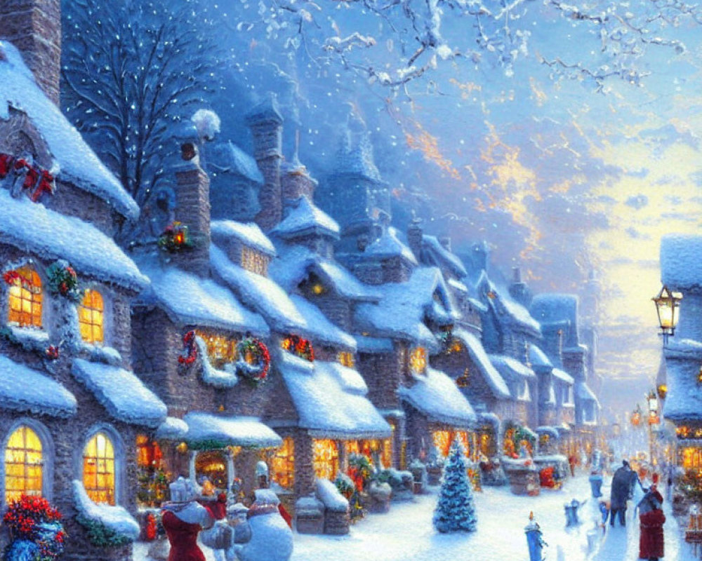 Snow-covered Christmas village with glowing streetlamps