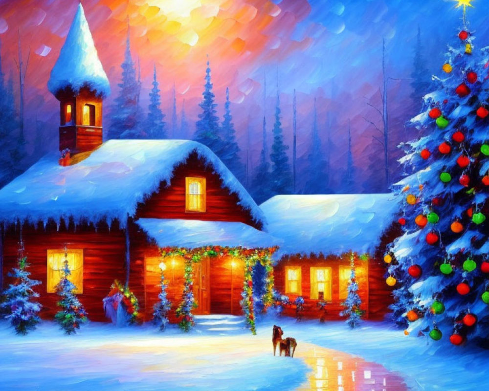 Winter scene with log cabin, Christmas tree, couple, and starlit sky.