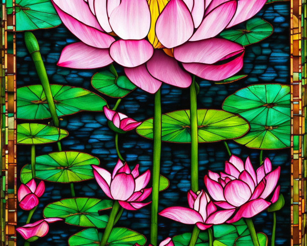 Colorful Stained Glass Artwork: Pink Lotus Flowers, Green Lily Pads, Blue Water